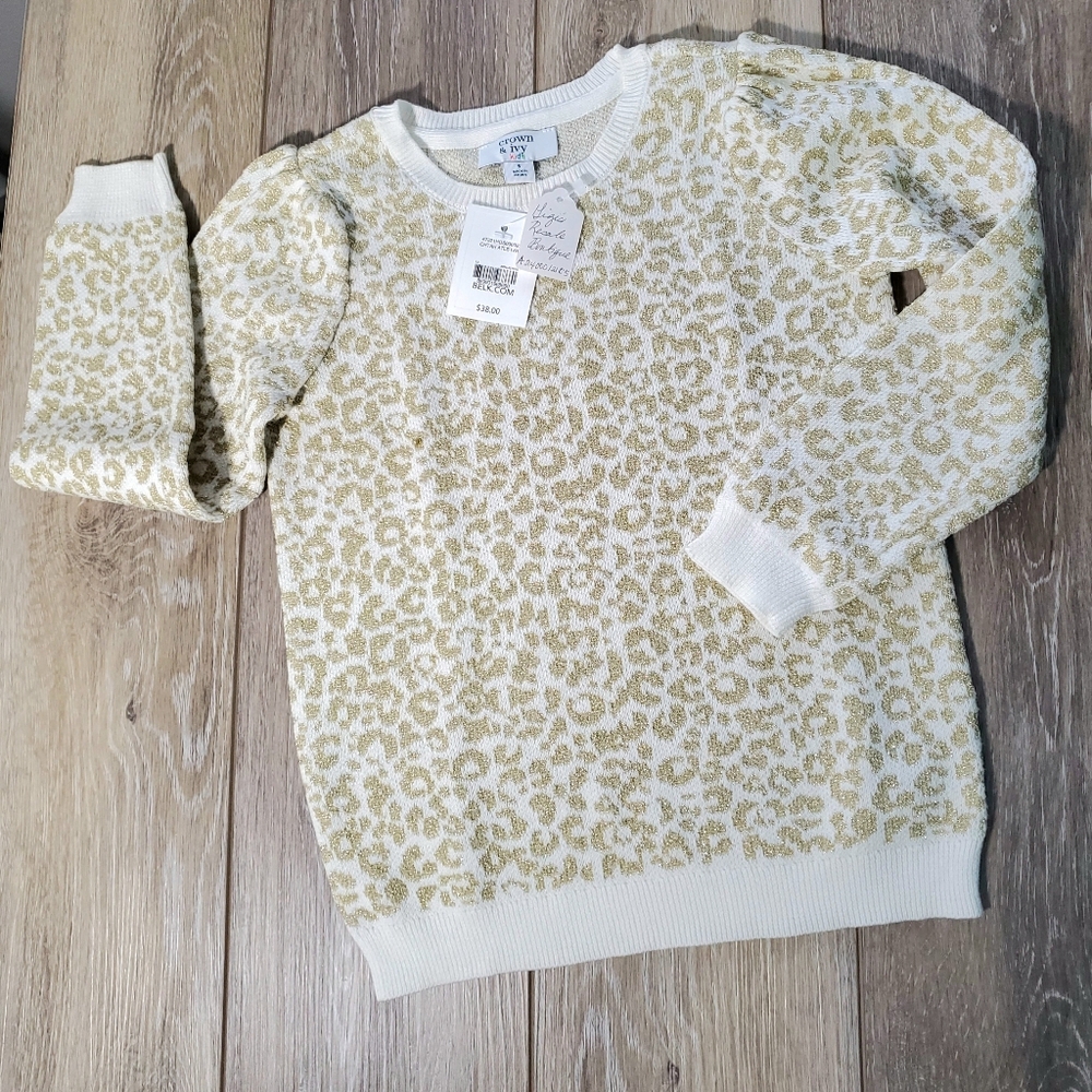 Crown & Ivy Girls Ivory And Gold Animal Print long sleeve Sweater holiday Size 5
